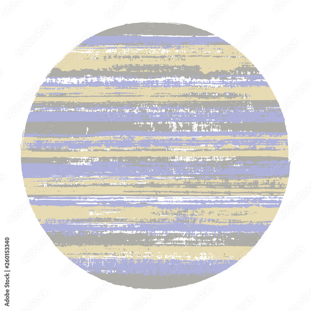 Rough circle vector geometric shape with striped texture of paint horizontal lines. Old paint texture disc. Label round shape circle logo element with grunge background of stripes.