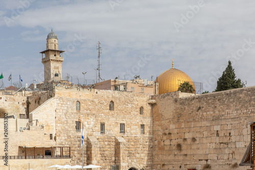 The Western Wall / Wailing Wall in Jerusalem Israle with Golden Dome of the Rock in Background