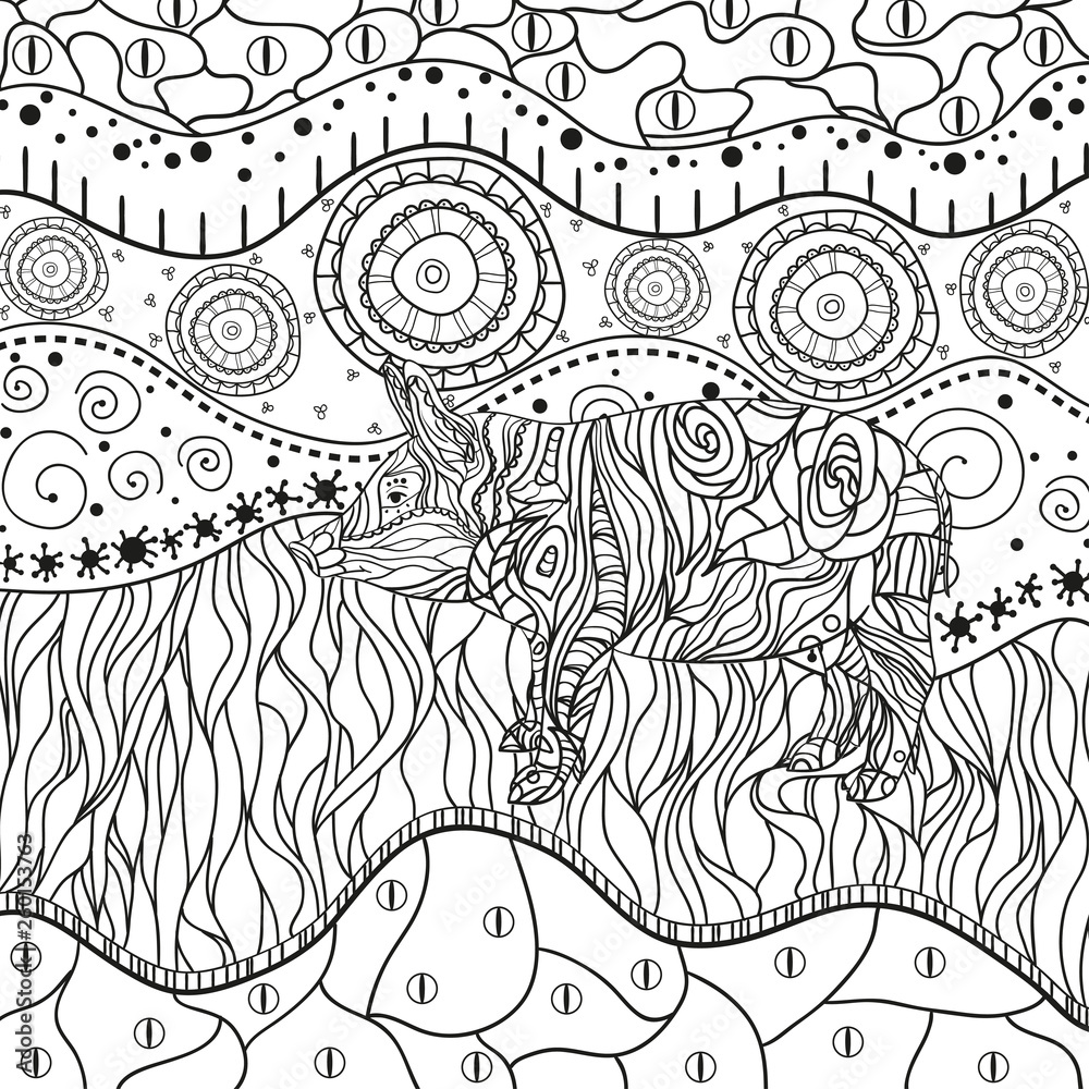 Monochrome wallpaper with ornate pig. Hand drawn waved ornaments on white. Abstract patterns on isolated background. Design for spiritual relaxation for adults. Line art. Black and white illustration