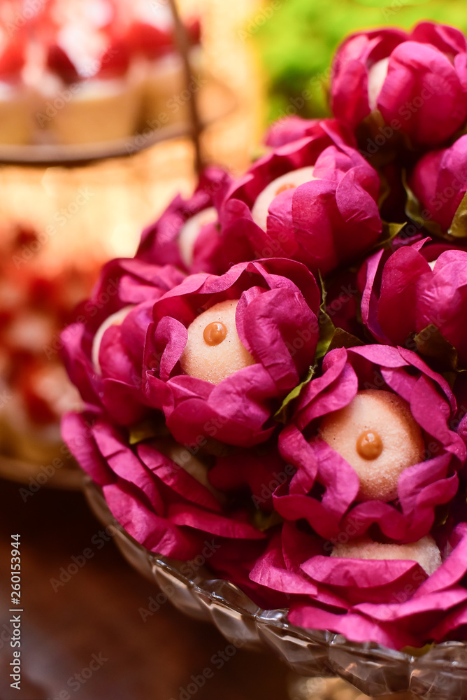 sweets with pink flower boxes, party sweets, party candy, condensed milk candy balls, candy balls sweets with pink flower boxes, party sweets, party candy, condensed milk candy balls, candy balls