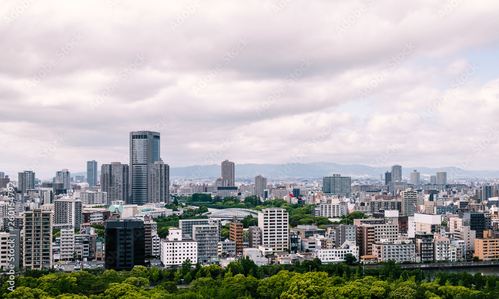 Aerial view around Osaka castle park, one of the most famous landmarks of Japan.