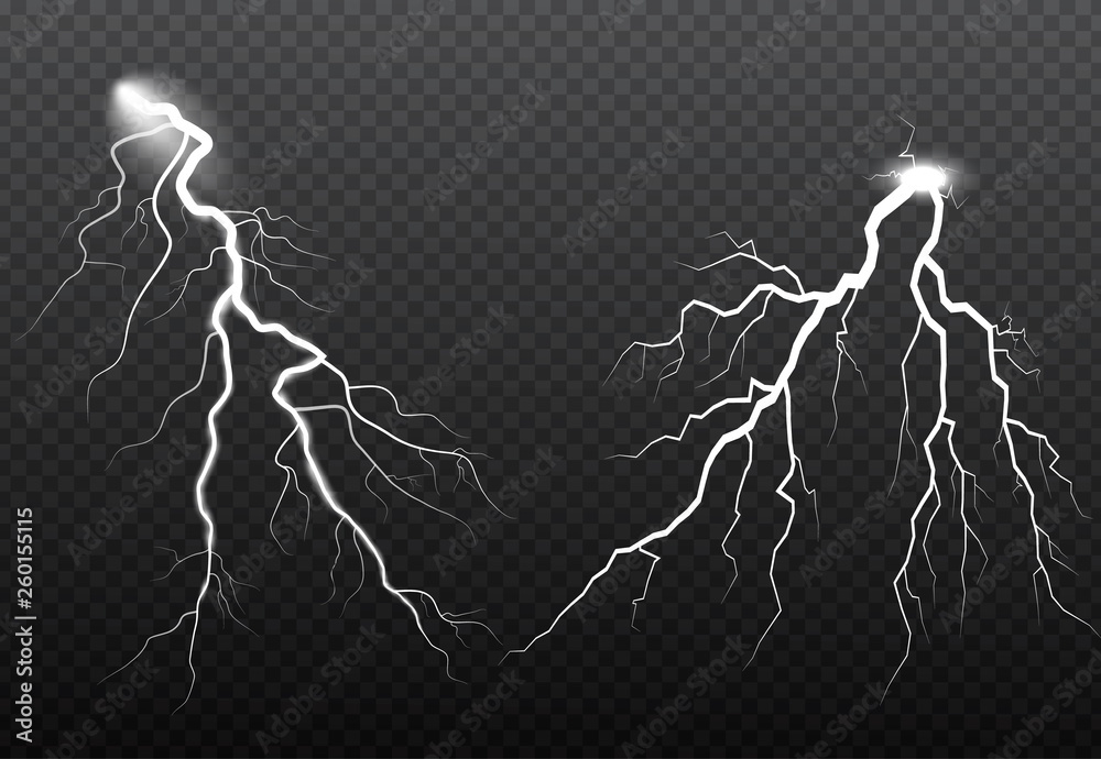 Set of lightning and thunder bolt, storm and lightnings glow effects. Magic and bright sparkle.