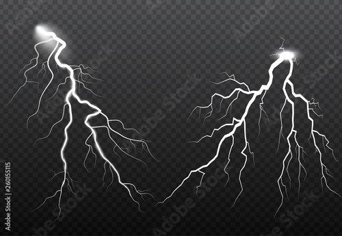 Set of lightning and thunder bolt, storm and lightnings glow effects. Magic and bright sparkle.