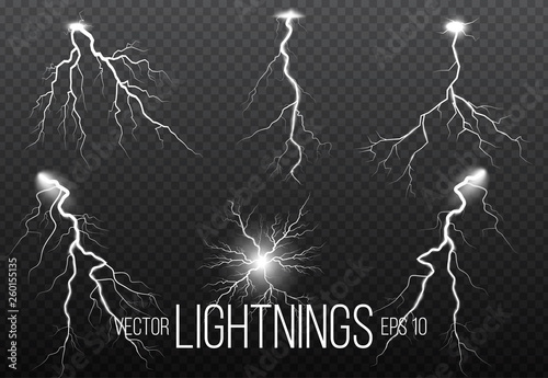 Set of lightning and thunder bolt, storm and lightnings glow effects. Magic and bright sparkle.