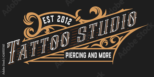 Tattoo logo template. Old lettering on dark background with floral ornaments.