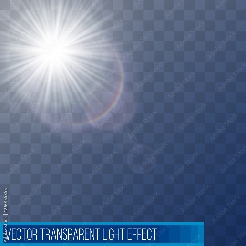 Vector sunlight special lens flare light effect. Sun flash shining with rays and spotlight. Flares and gleams rounded and hexagonal shapes. Isolated on transparent background Vector sunlight special lens flare light effect. Sun flash shining with rays and spotlight. Flares and gleams rounded and hexagonal shapes. Isolated on transparent background