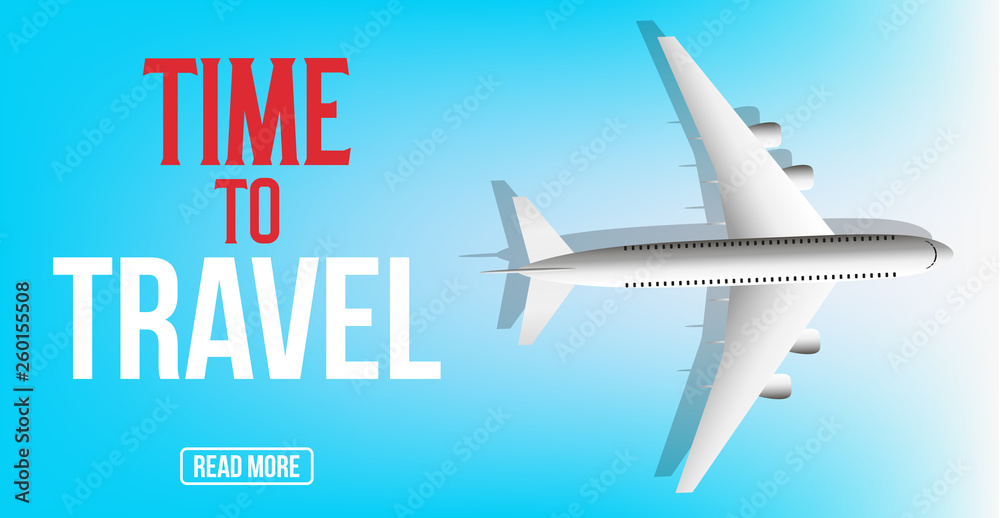 Travel agency promo banner. Poster design with airplane . Vector background.
