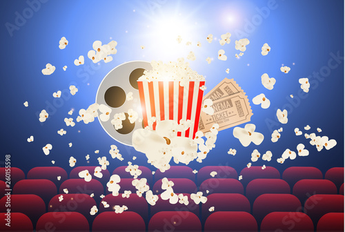 Cinematograph concept banner for the film industry. Popcorn, drink, theater seats and tickets on a background with highlights. High detailed realistic illustration.