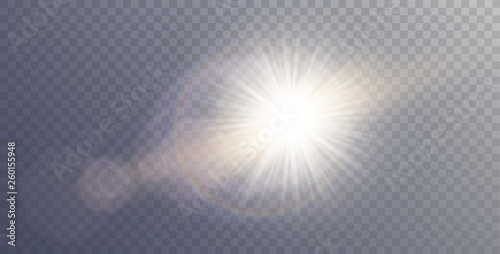 Vector sunlight special lens flare light effect. Sun flash shining with rays and spotlight. Flares and gleams rounded and hexagonal shapes. Isolated on transparent background