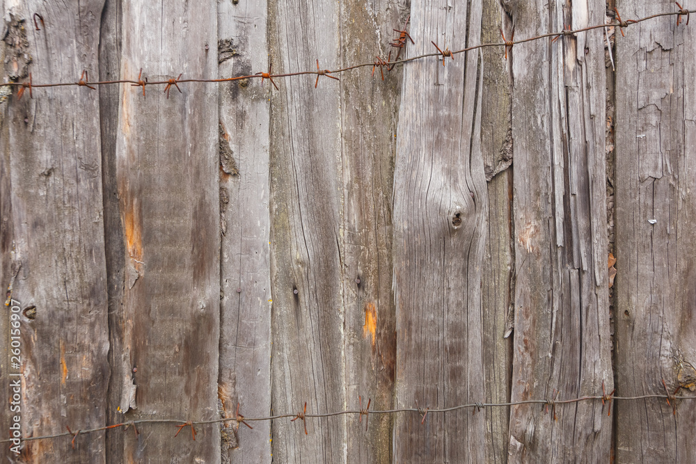 Naklejka premium Barbed wire at the top of a gray old plank fence