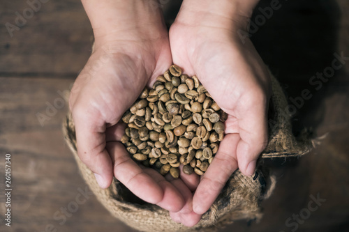 Close up of Coffee beans in hands.
