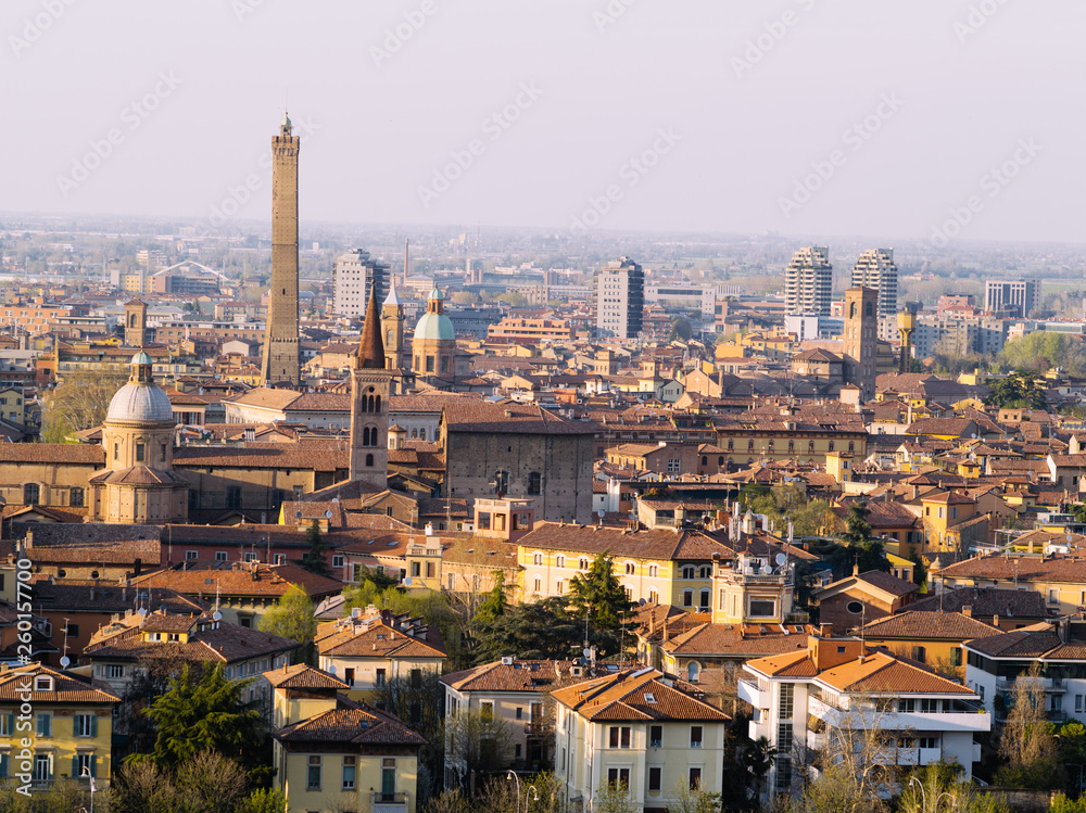 Panoramic view of Bologna center at dusk with the famous towers, included the most famous asinelli's