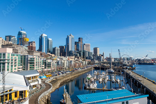 Seattle, WA - March 2019: Downtown Seattle seen from the Bell Street Pier Rooftop Deck.
