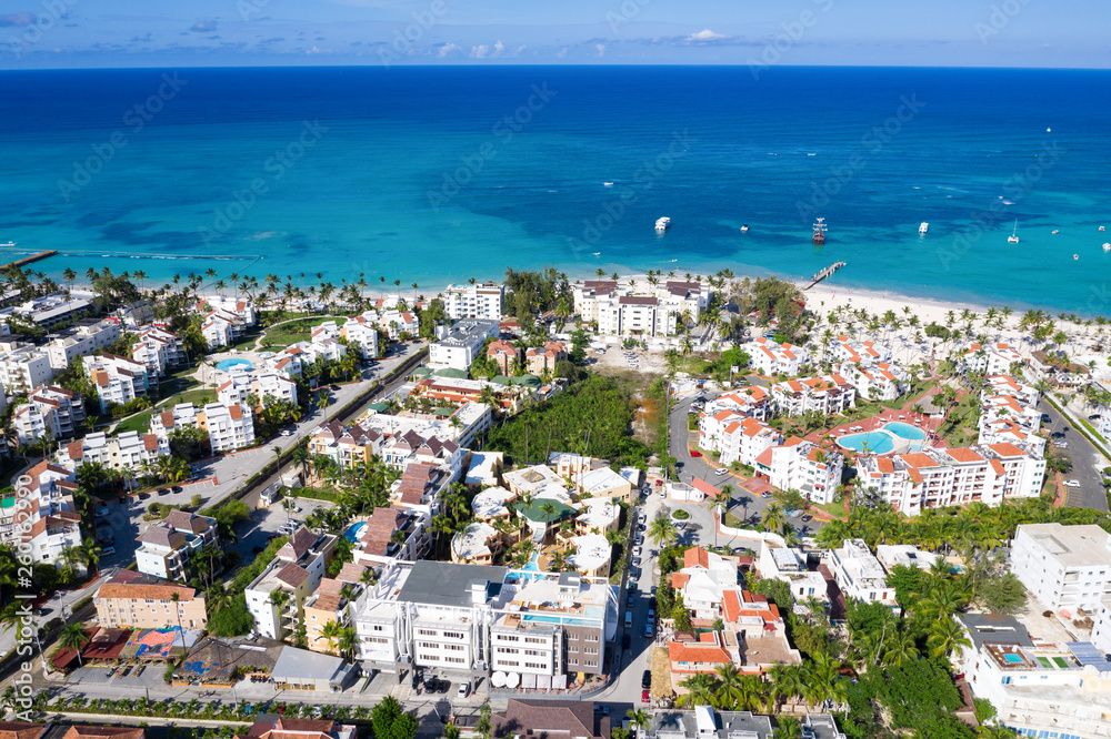 Aerial view with caribbean city on the beach