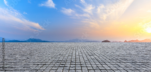 Empty square platform and beautiful mountain with great wall in China