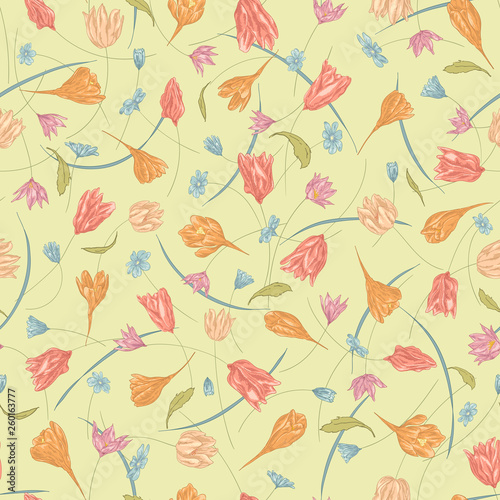 Seamless vector floral pattern with hand drawn abstract spring flowers in pastel pink and orange colors. Colorful endless background