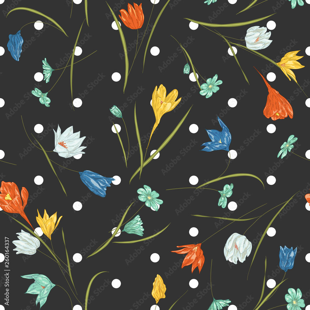 Seamless vector floral pattern with hand drawn abstract spring flowers in blue, white, black colors on polka dot background. Colorful endless print Seamless vector floral pattern with hand drawn abstract spring flowers in blue, white, black colors on polka dot background. Colorful endless print