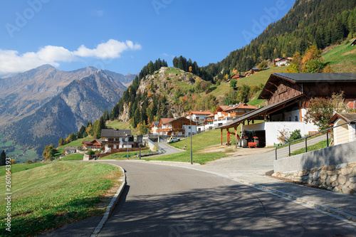View of the alpine village of Stulles in province of Bolzano in the fall. Stubai Alps, municipality of Moos in Passeier, South Tyrol, Italy. photo