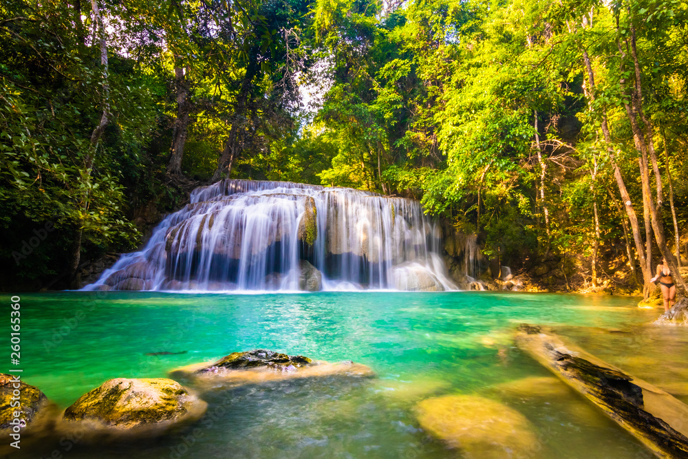 Erawan Waterfall in National Park, Thailand,Blue emerald color waterfall