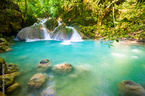 Erawan Waterfall in National Park  Thailand Blue emerald color waterfall