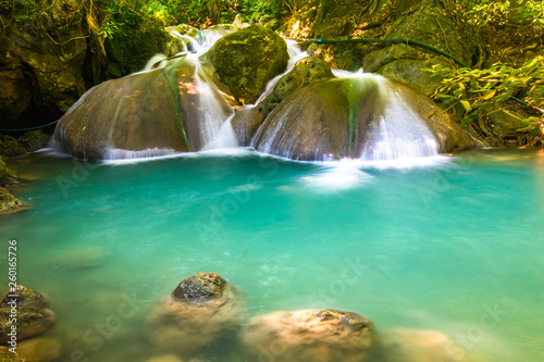 Fototapeta Naklejka Na Ścianę i Meble -  Erawan Waterfall in National Park, Thailand,Blue emerald color waterfall