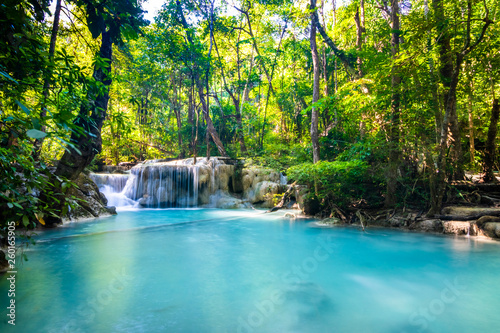 Fototapeta Naklejka Na Ścianę i Meble -  Erawan Waterfall in National Park, Thailand,Blue emerald color waterfall