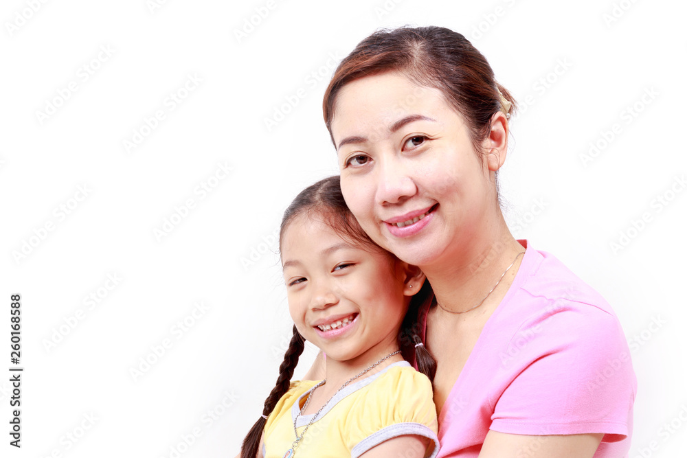 A mother with daughter relaxing, Isolated on white background A mother with daughter relaxing, Isolated on white background