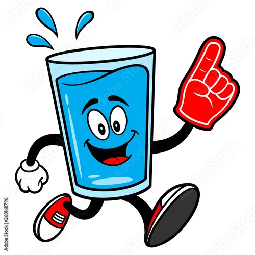 Glass of Water Mascot running with a Foam Finger - A vector cartoon illustration of a glass of Water mascot running with a Foam Finger.