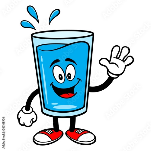 Glass of Water Mascot Waving - A vector cartoon illustration of a glass of Water mascot waving.