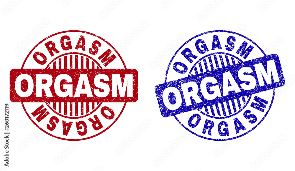 Grunge ORGASM round stamp seals isolated on a white background. Round seals with grunge texture in red and blue colors. Vector rubber imitation of ORGASM label inside circle form with stripes.