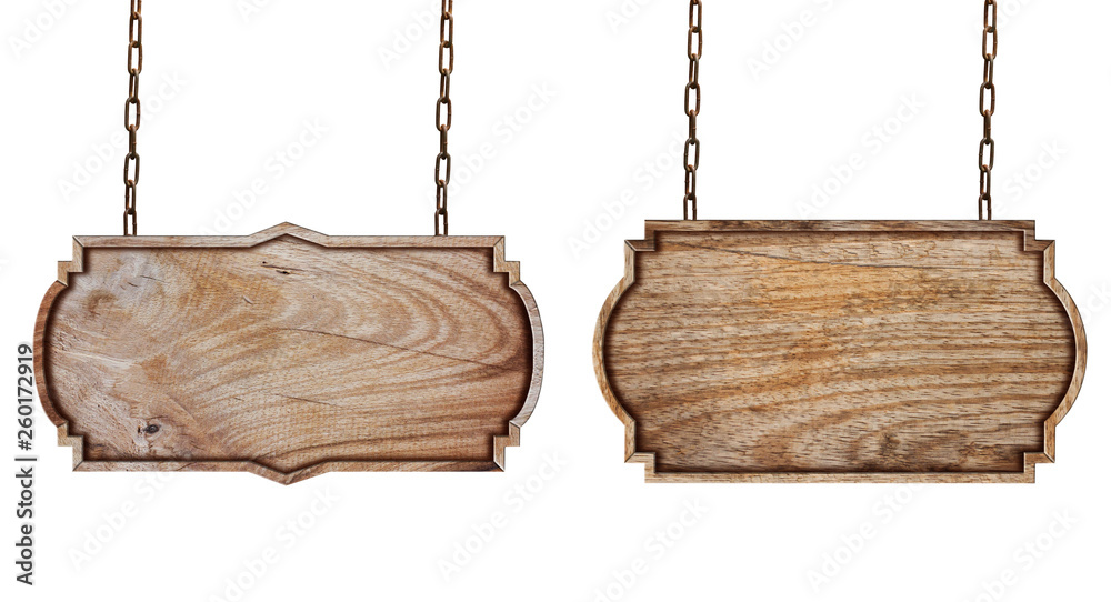 Wooden signs with chain on white background Wooden signs with chain on white background