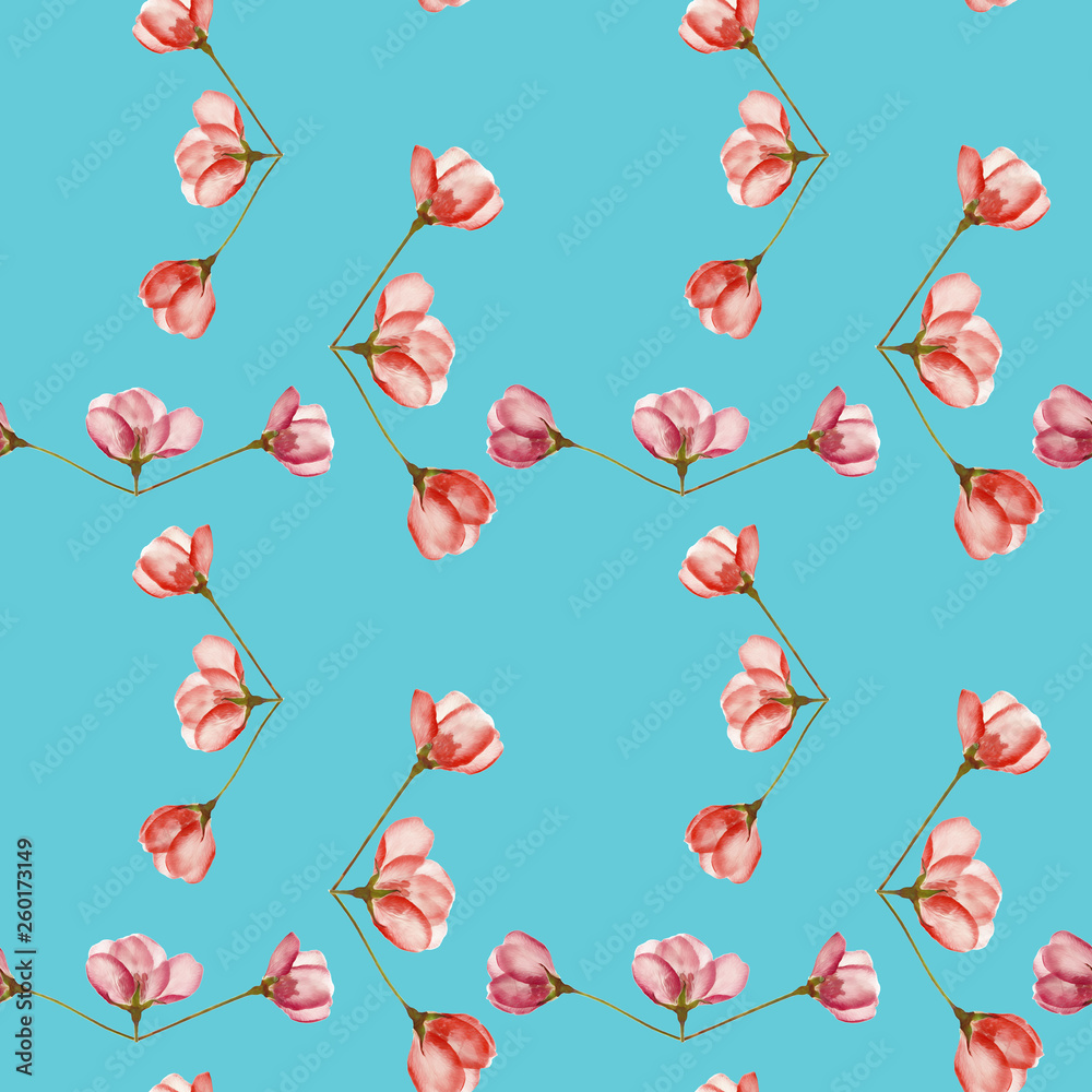 Apple flowers. Seamless pattern texture of flowers. Floral background, photo collage