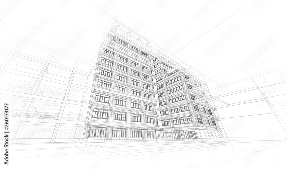 Architecture background. Perspective 3d Wireframe of building design and model my own