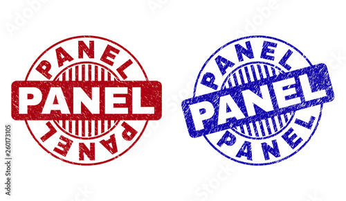 Grunge PANEL round stamp seals isolated on a white background. Round seals with grunge texture in red and blue colors. Vector rubber imprint of PANEL text inside circle form with stripes.