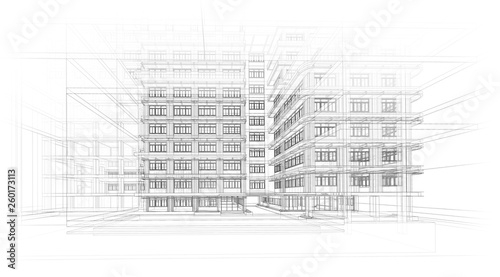Architecture background. Perspective 3d Wireframe of building design and model my own