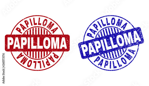 Grunge PAPILLOMA round stamp seals isolated on a white background. Round seals with grunge texture in red and blue colors. Vector rubber imprint of PAPILLOMA title inside circle form with stripes.