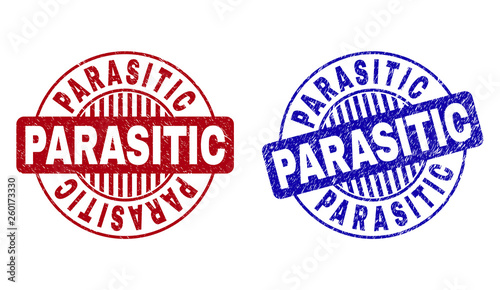 Grunge PARASITIC round stamp seals isolated on a white background. Round seals with grunge texture in red and blue colors. Vector rubber watermark of PARASITIC label inside circle form with stripes.