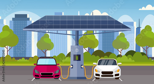electric cars charging on electrical charge station with solar panels renewable eco friendly transport environment care concept flat modern cityscape background horizontal