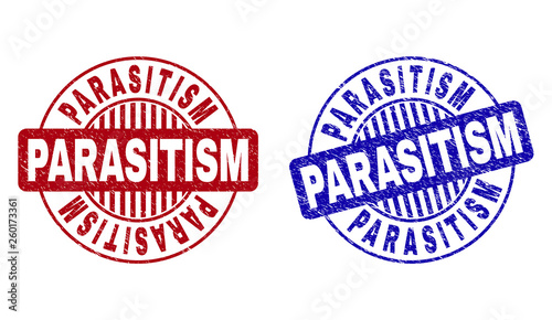Grunge PARASITISM round stamp seals isolated on a white background. Round seals with grunge texture in red and blue colors. Vector rubber imprint of PARASITISM title inside circle form with stripes.