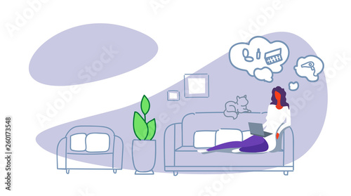 casual woman sitting on couch using computer application on laptop online shopping e-commerce concept girl buyer choosing cosmetics living room interior horizontal sketch