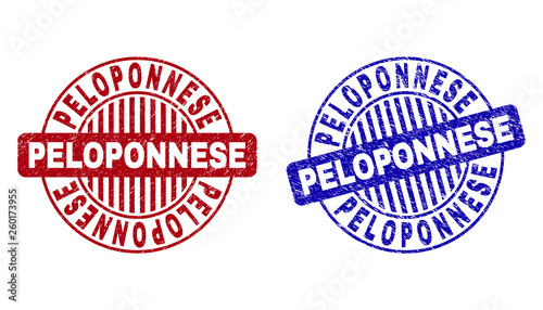 Grunge PELOPONNESE round stamp seals isolated on a white background. Round seals with grunge texture in red and blue colors. Vector rubber imprint of PELOPONNESE text inside circle form with stripes.
