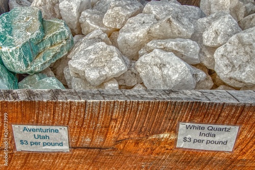 Large Boulders of Aventurine and White Quartz for sale at a Rock Shop