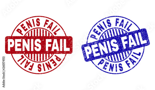 Grunge PENIS FAIL round stamp seals isolated on a white background. Round seals with grunge texture in red and blue colors. Vector rubber watermark of PENIS FAIL title inside circle form with stripes.