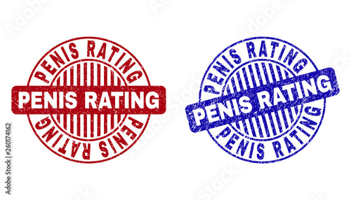 Grunge PENIS RATING round stamp seals isolated on a white background. Round seals with distress texture in red and blue colors.