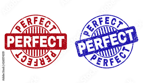 Grunge PERFECT round stamp seals isolated on a white background. Round seals with grunge texture in red and blue colors. Vector rubber imitation of PERFECT label inside circle form with stripes.