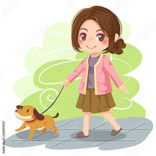 Vector illustration of girl walking dog