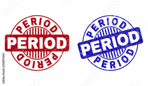 Grunge PERIOD round stamp seals isolated on a white background. Round seals with grunge texture in red and blue colors. Vector rubber imprint of PERIOD label inside circle form with stripes.