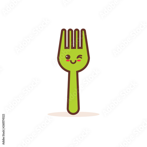 cute green steel fork cartoon comic character with smiling face happy emoji kawaii style food dinning concept