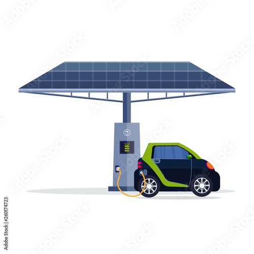 electric car charging on electrical charge station with solar panel renewable eco technologies clean transport environment care concept flat