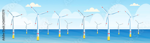 wind turbines clean alternative energy source renewable water station concept seascape background flat horizontal banner